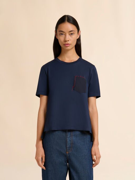 Deep blue cotton T-shirt with handstitched Marni logo - T-shirts