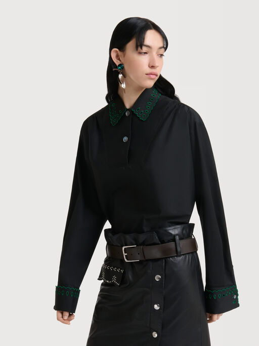 Black poplin half-button shirt with broderie anglaise - Shirts