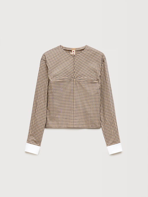 Brown checked poplin top with ruched front - Shirts