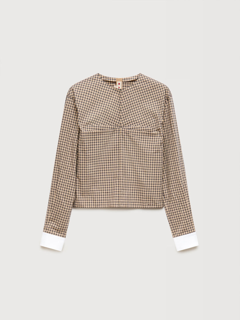 Brown checked poplin top with ruched front, Image 1