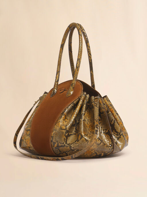 Brown suede and python-print leather Tulipea large handbag - Shoulder Bags