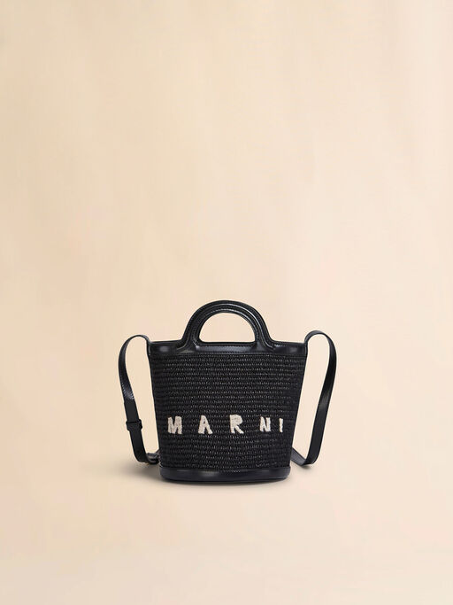 Tropicalia Small Bucket Bag in black leather and raffia-effect fabric - Shoulder Bag