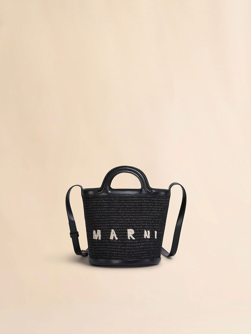 Tropicalia Small Bucket Bag in black leather and raffia-effect fabric, Image 1