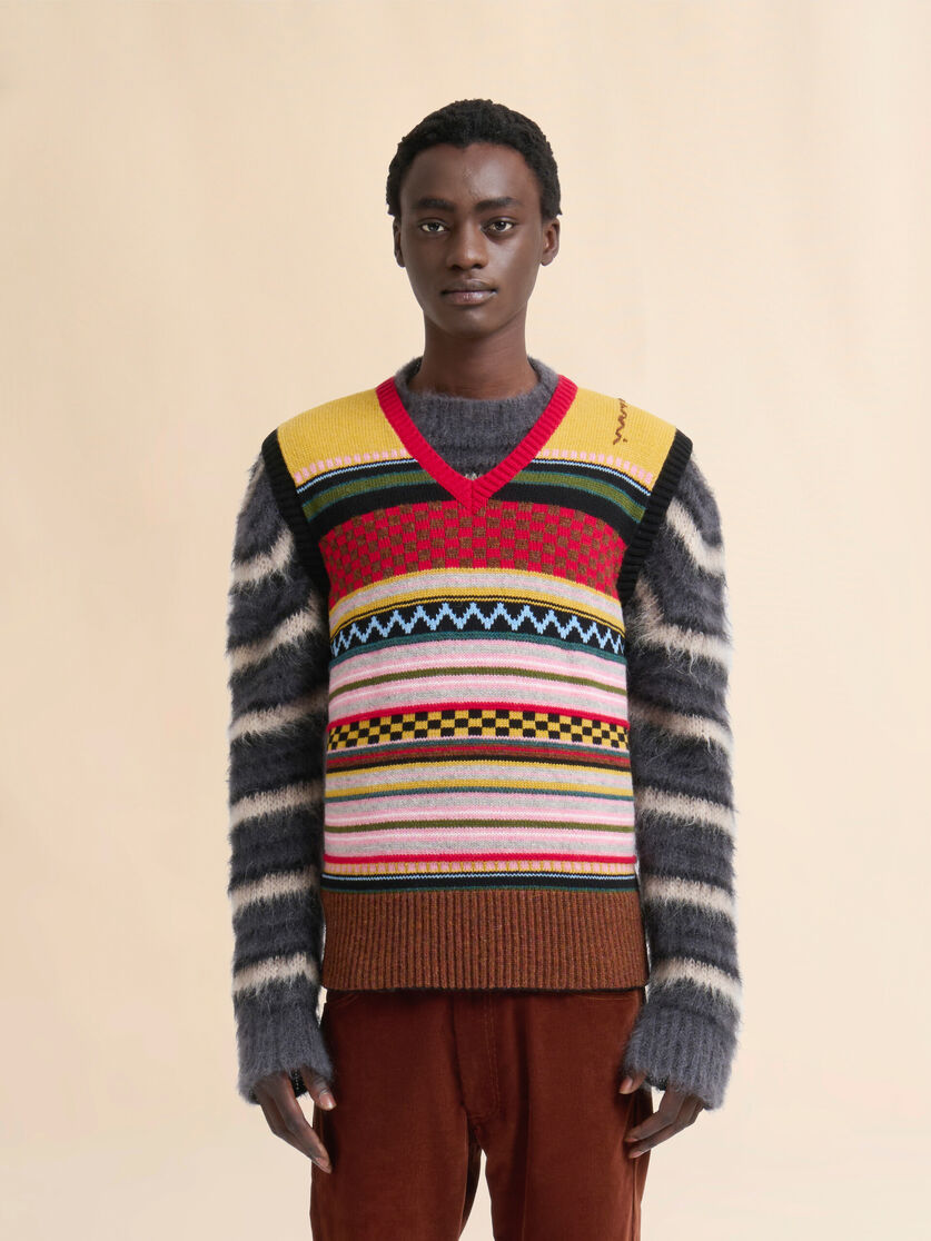 Multicolour wool sleeveless jumper with mixed patterns - Pullovers - Image 2