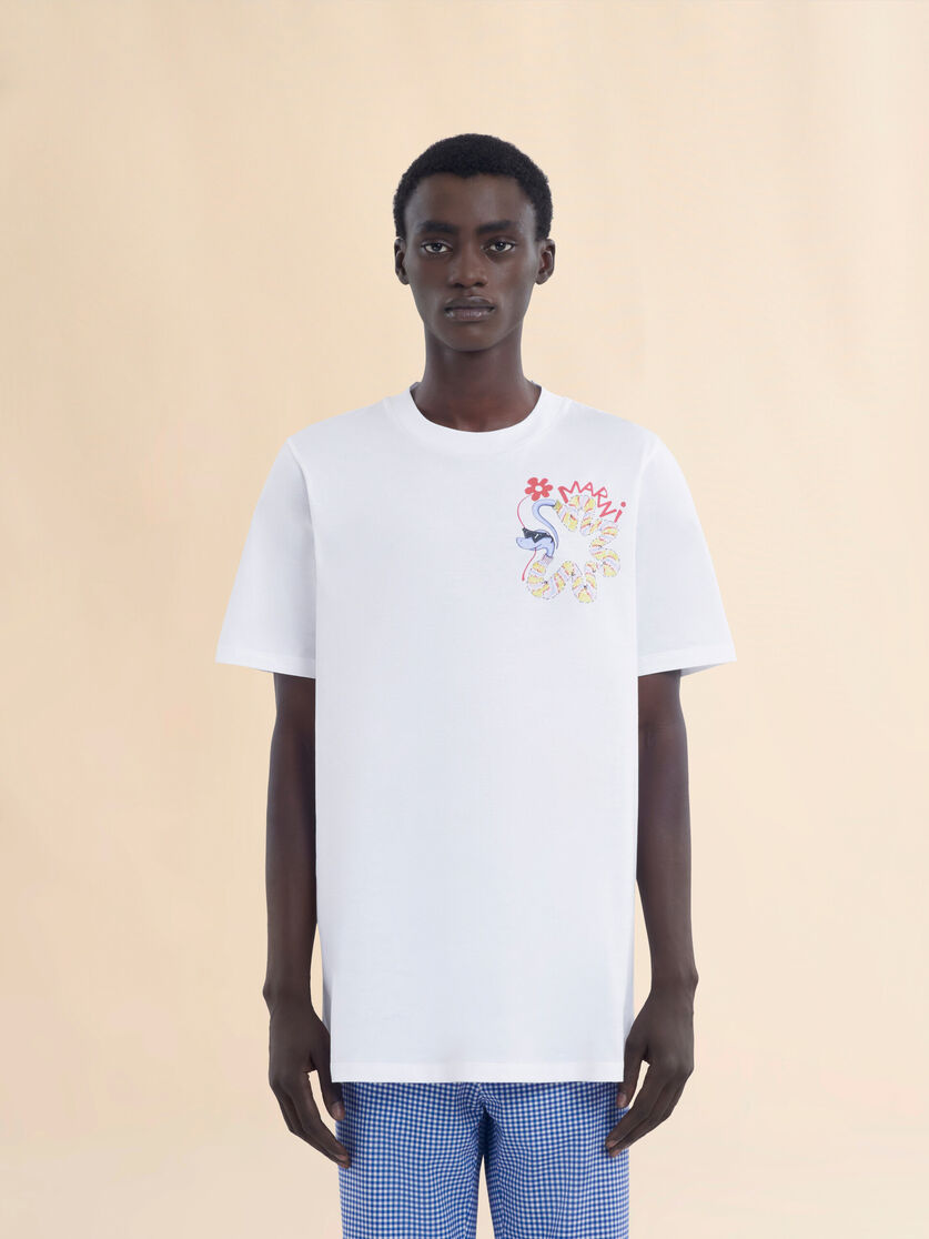 White cotton T-shirt with snake print - Shirts - Image 2