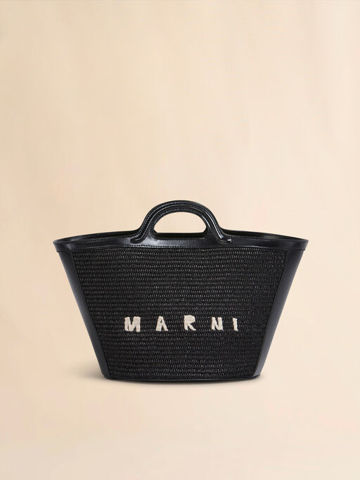 Tropicalia Small Bag in black leather and raffia-effect fabric - Handbag