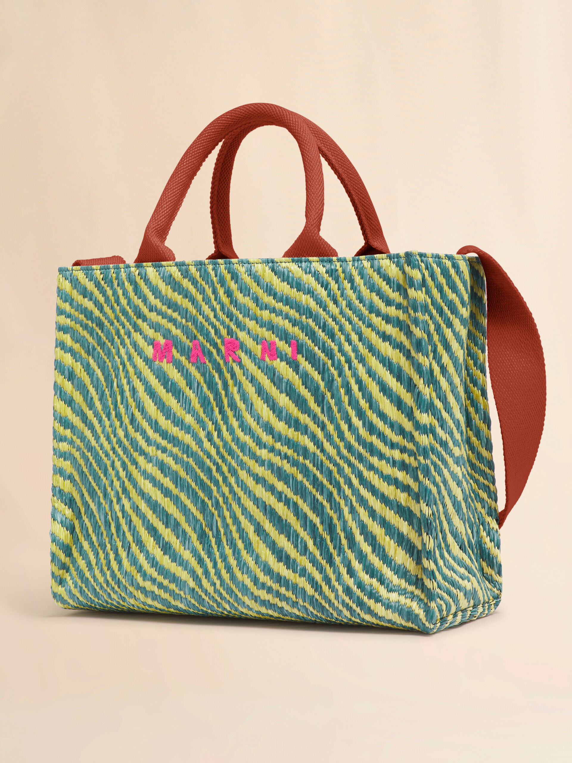グリーン 波模様のラフィアエフェクト スモールトートバッグ | Marni