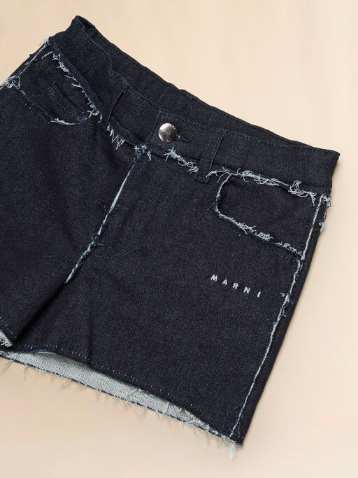 Deep blue stretch denim shorts with raw-cut edges - Pants