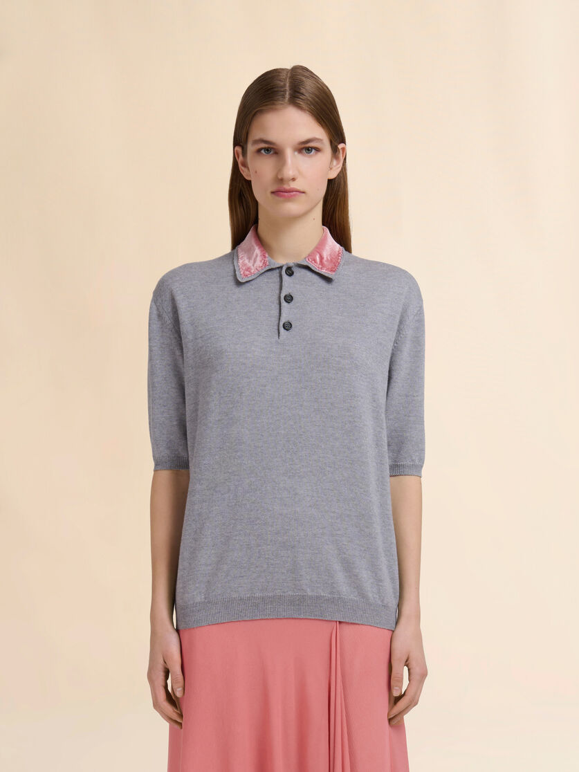 Grey wool polo shirt with velvet collar - Shirts - Image 2