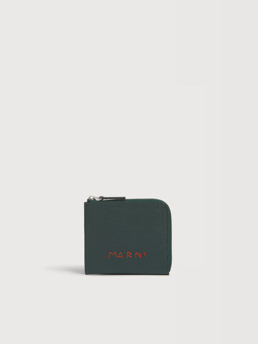 Deep green leather zip-around wallet with Marni Mending embroidery - Wallets
