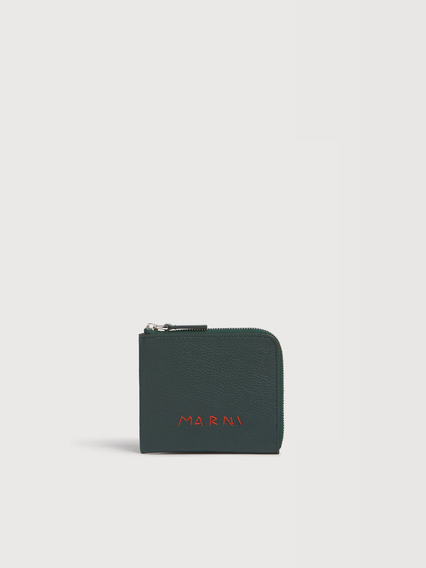 Deep green leather zip-around wallet with Marni Mending embroidery, Image 1