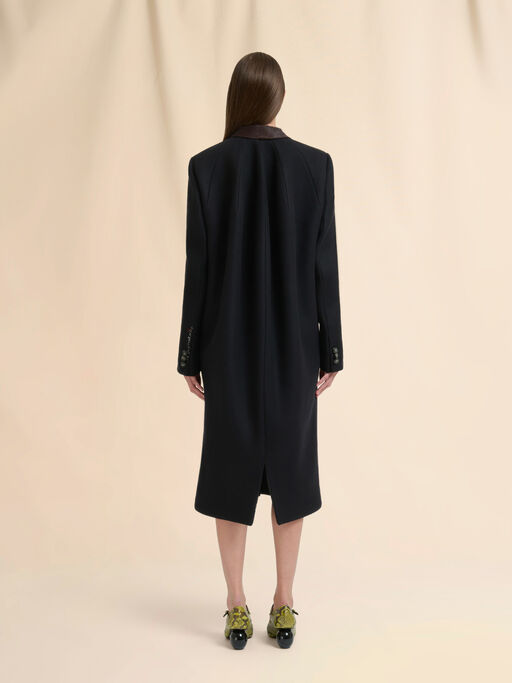 Black wool felt coat with leather details - Coats