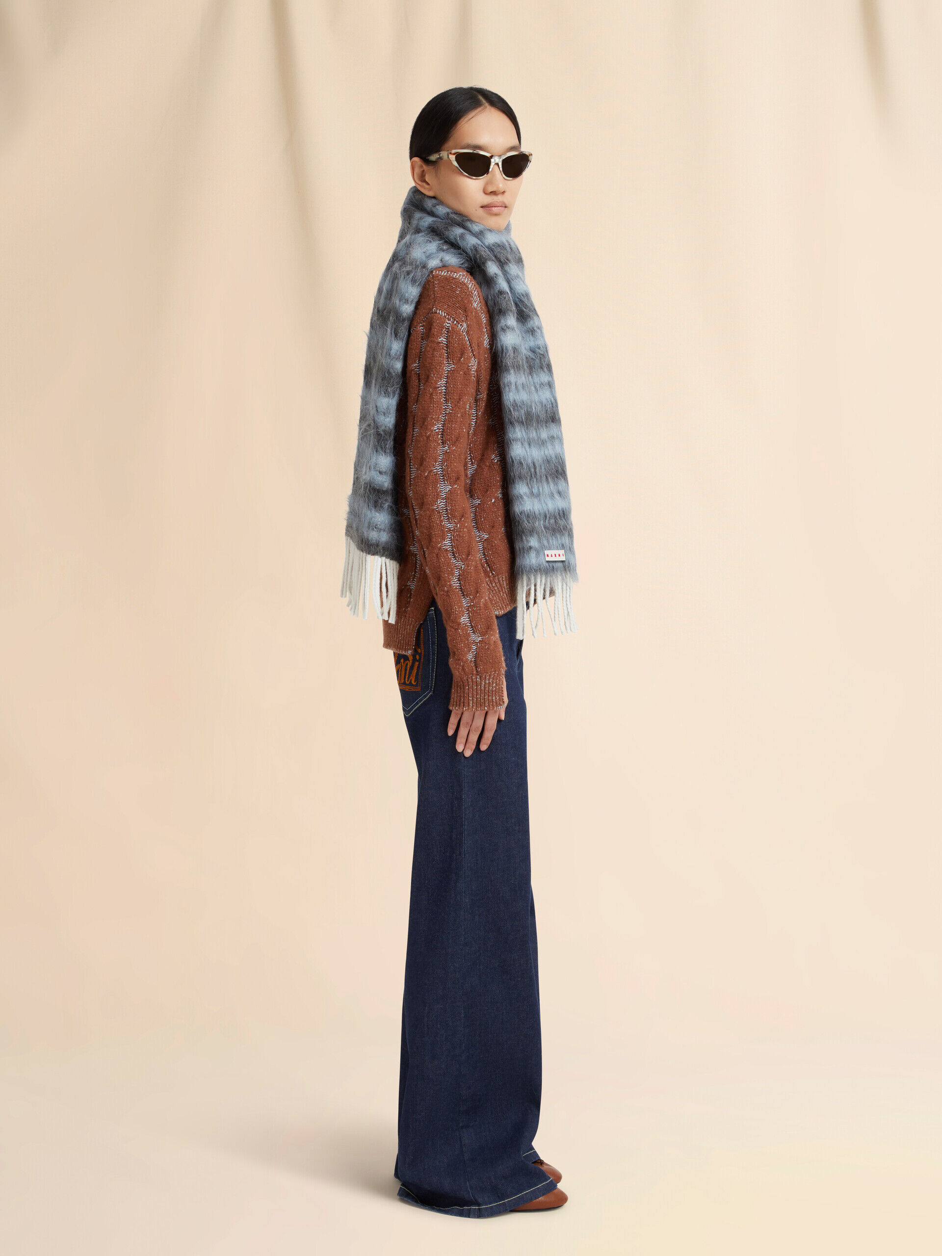 【^_^】MARNI ストライプウールブレンドマフラー ブルー ウール&モヘアマフラー ストライプパターン | Marni