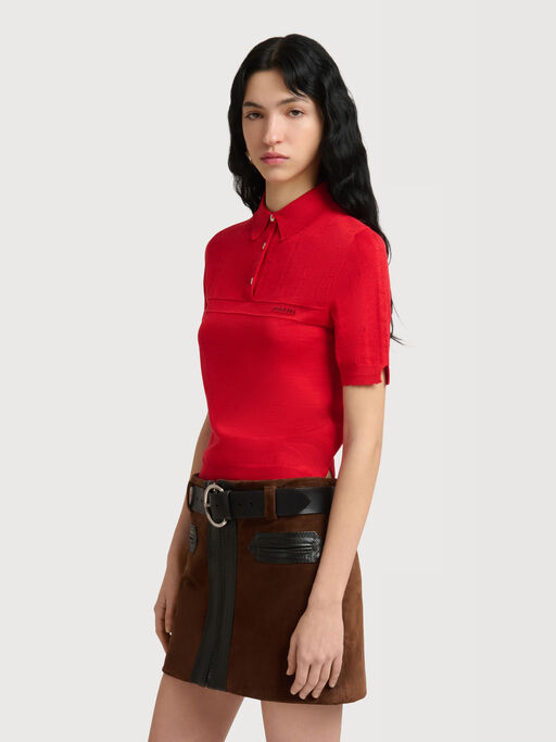 Red wool-silk polo shirt with pointelle detailing - Shirts