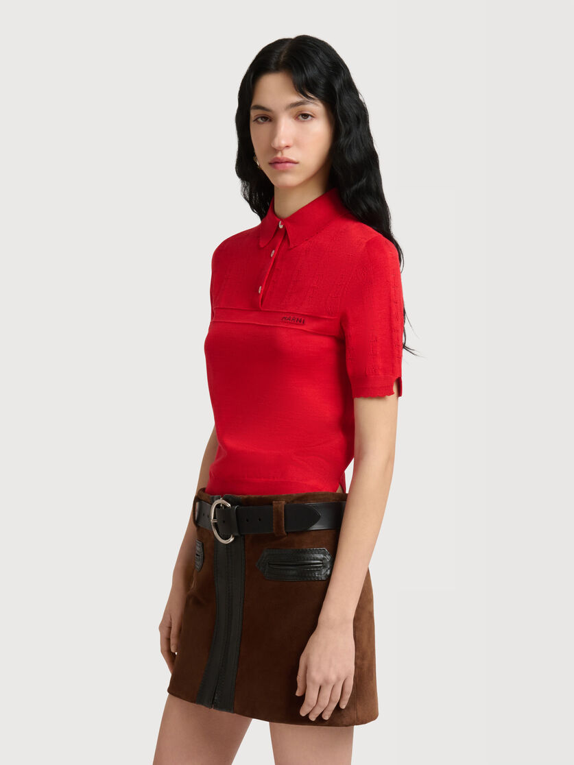 Red wool-silk polo shirt with pointelle detailing, Image 3