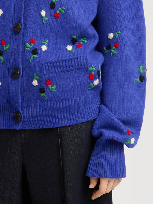 Blue wool-cashmere cardigan with flower embroidery - Pullovers