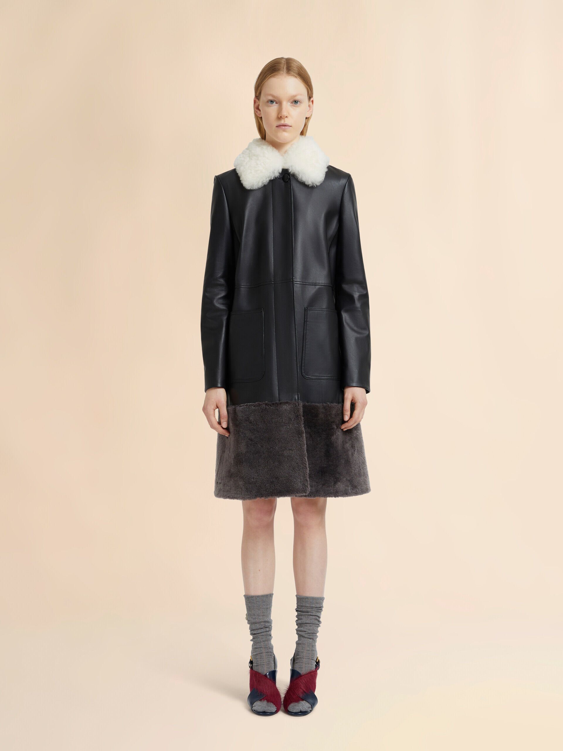 Black nappa leather coat with shearling trims | Marni