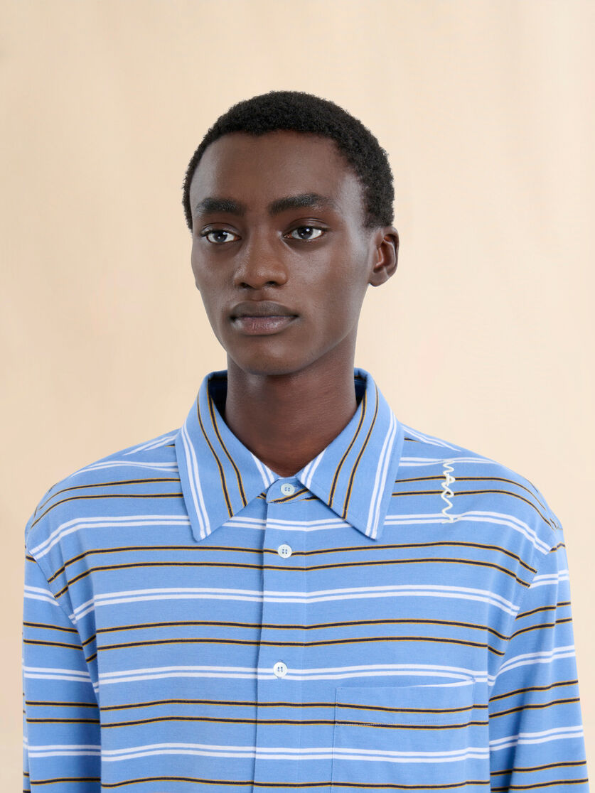 Long sleeved blue and white striped organic cotton polo shirt - Shirts - Image 4
