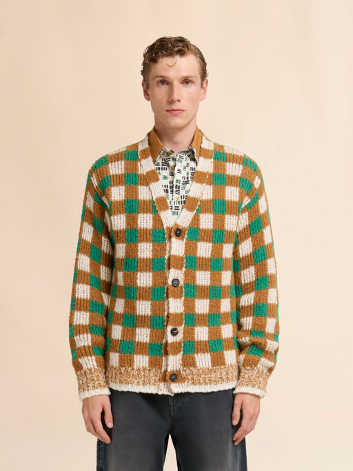 Green wool and mohair cardigan with chequerboard motif - Pullovers