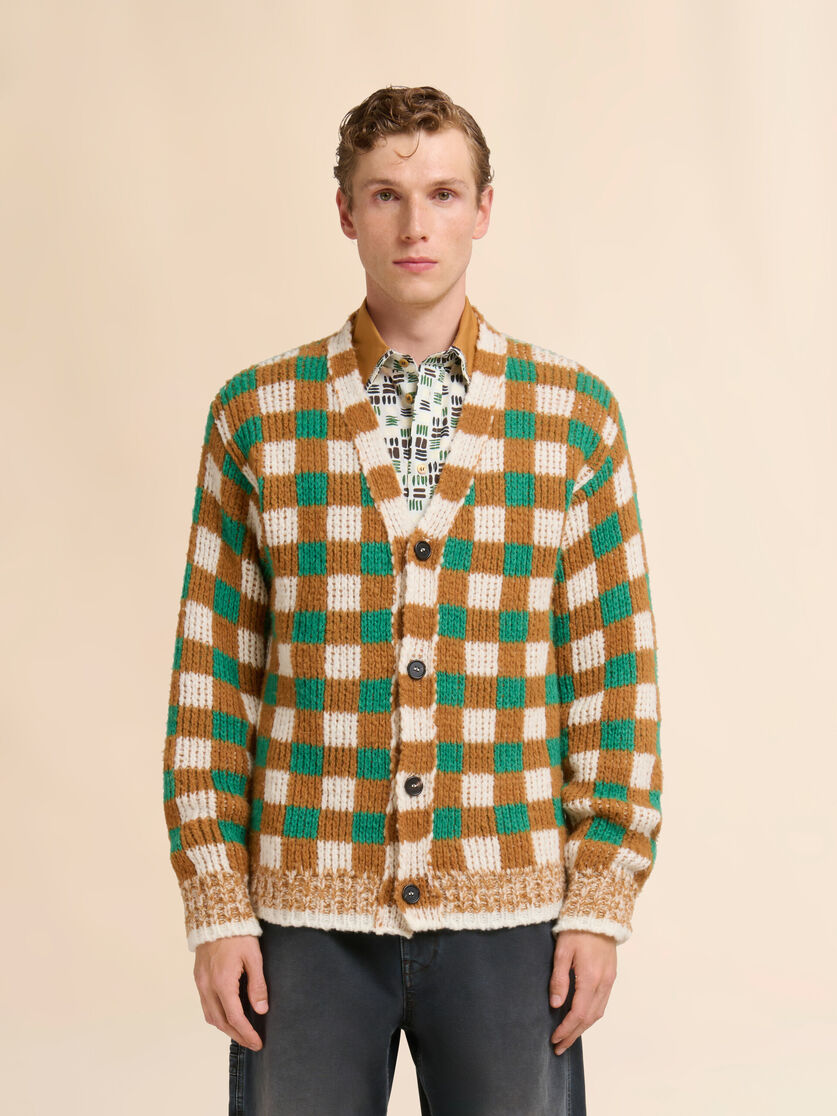 Green wool and mohair cardigan with chequerboard motif, Image 2