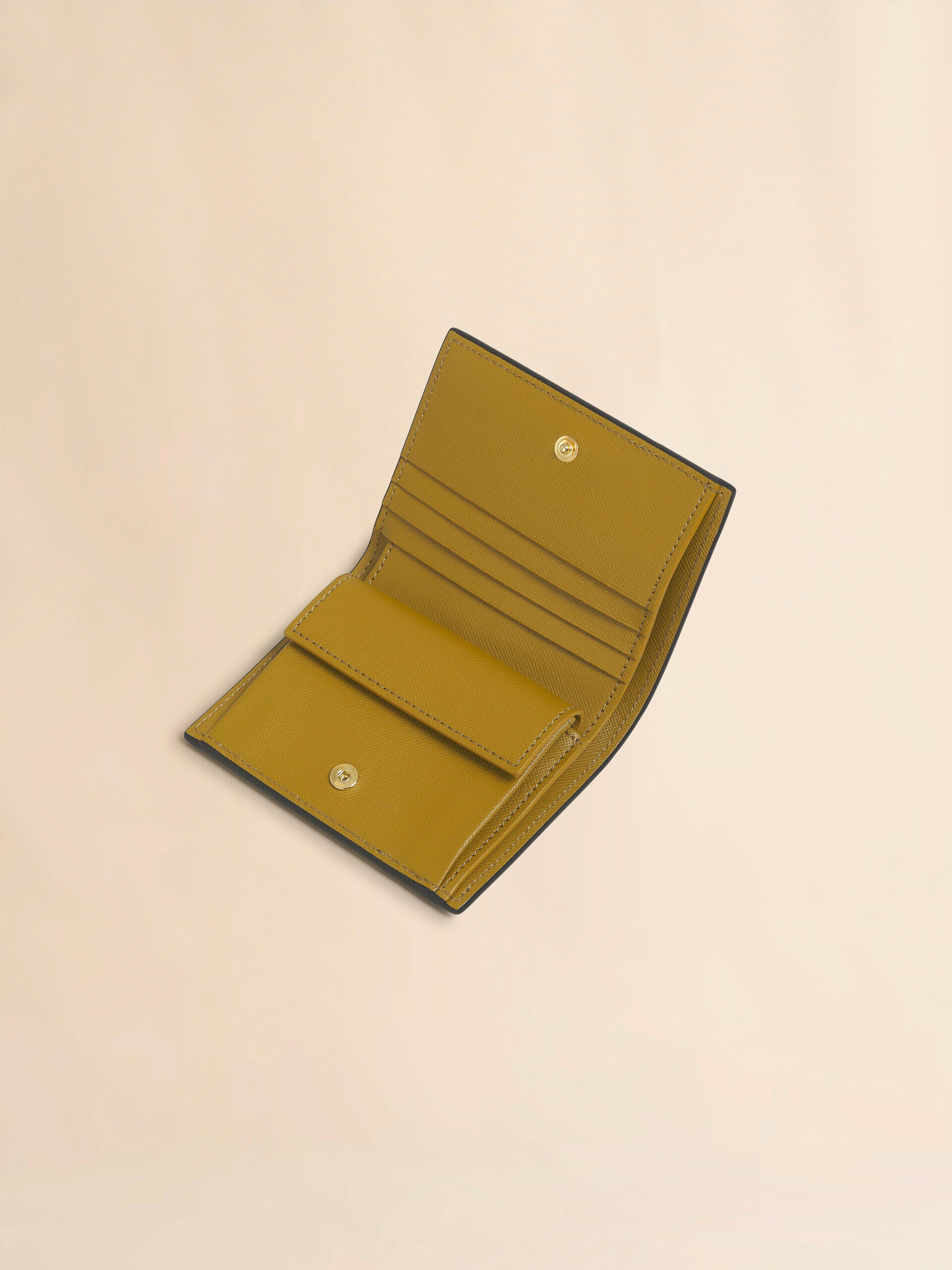 Deep green pink and mustard saffiano leather bi-fold wallet