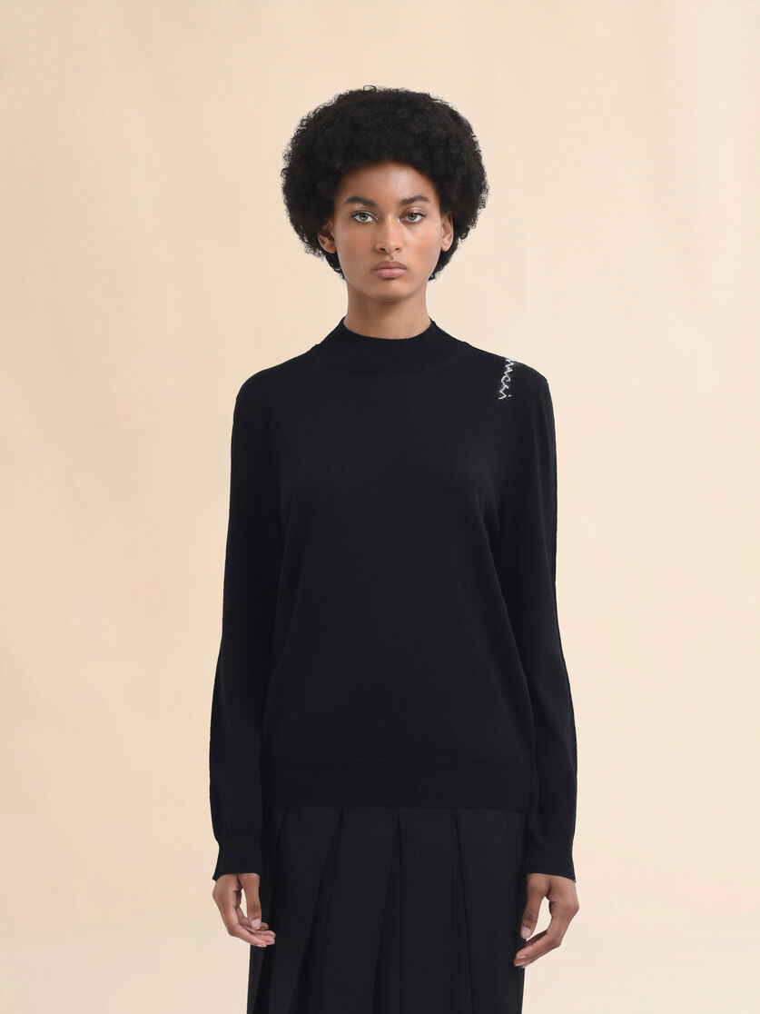 Black crew neck knitted jumper with contrasting back panel - Pullovers - Image 2