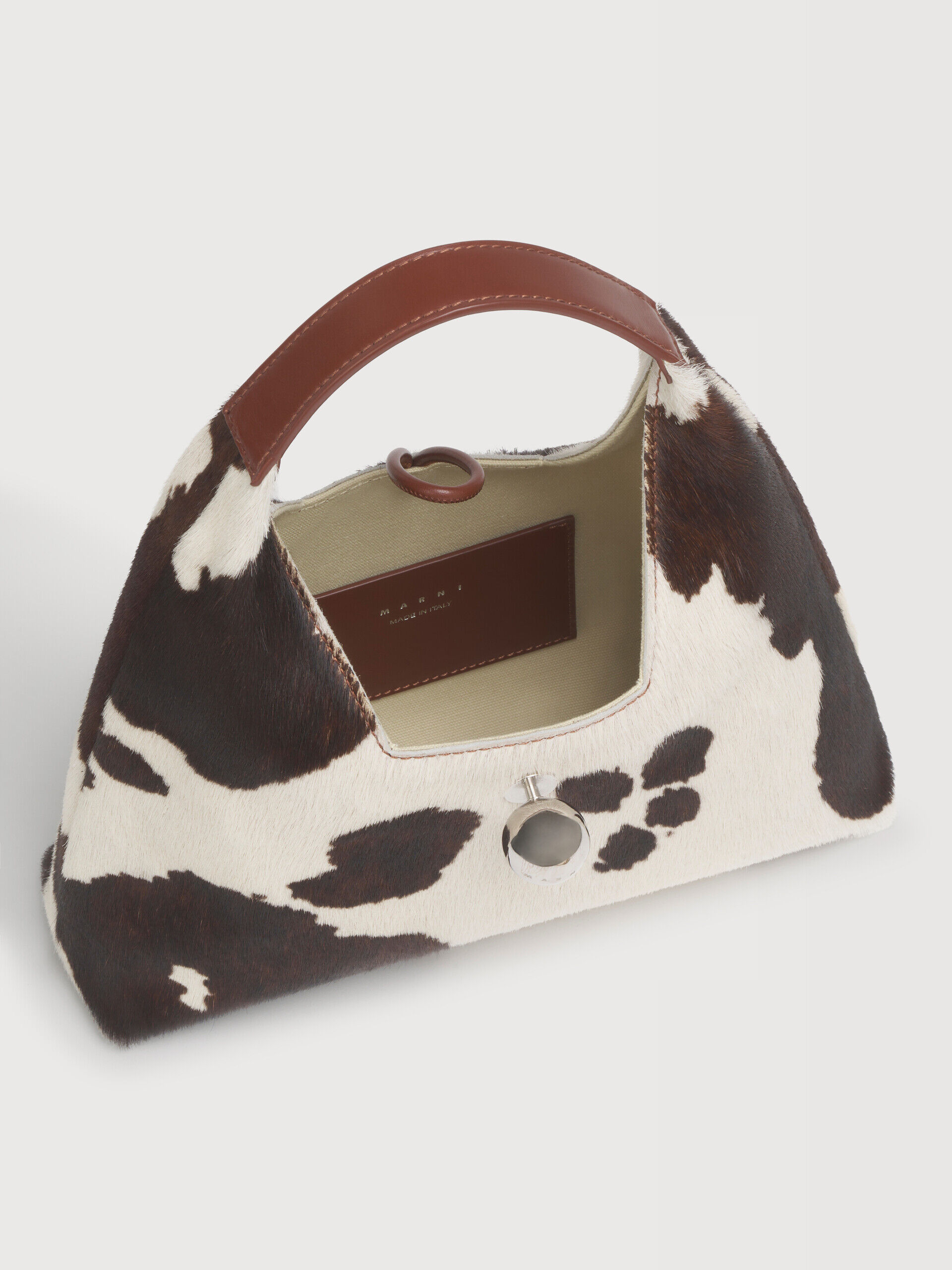 White and brown cow-print ponyhair Trapeze mini top handle bag | Marni