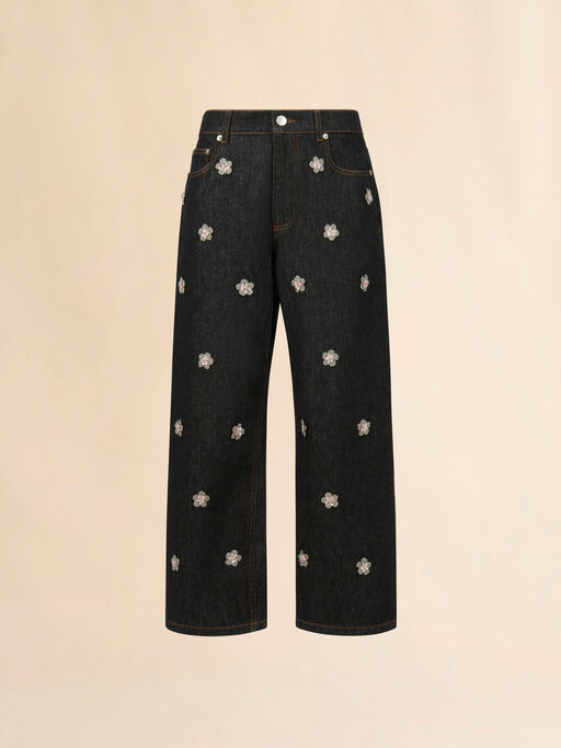 Black denim jeans with daisy appliqués - Pants