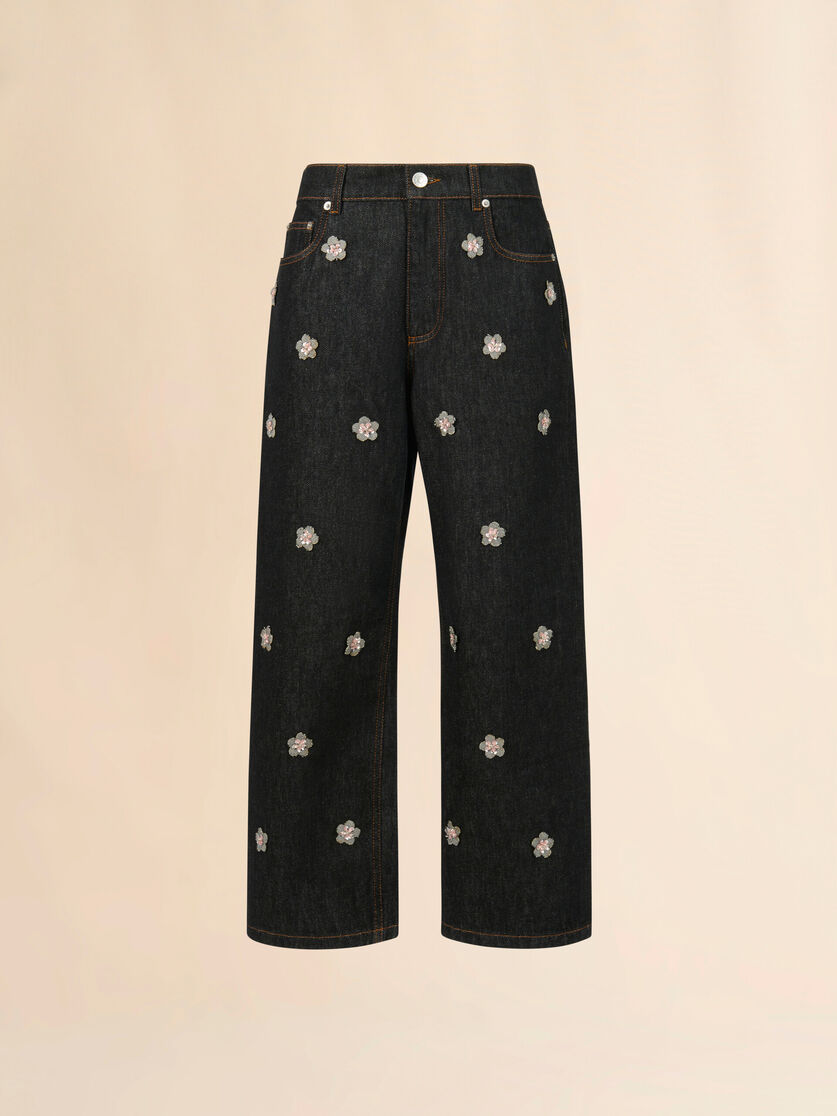 Black denim jeans with daisy appliqués, Image 1