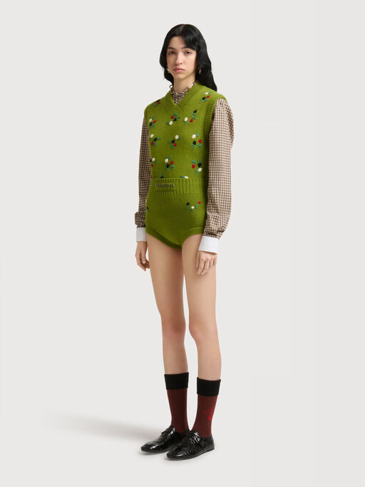 Green wool-cashmere briefs with flower embroidery - Pants