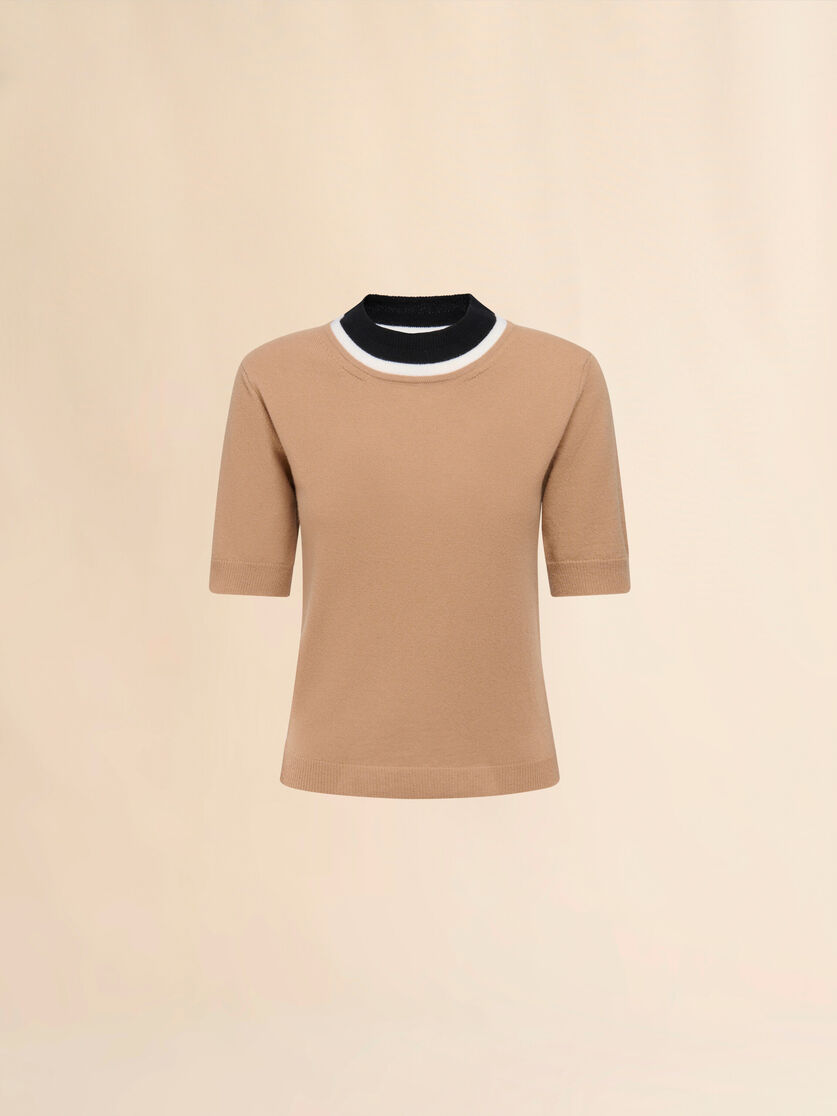 Brown wool jumper with bicolour neck - Pullovers - Image 1
