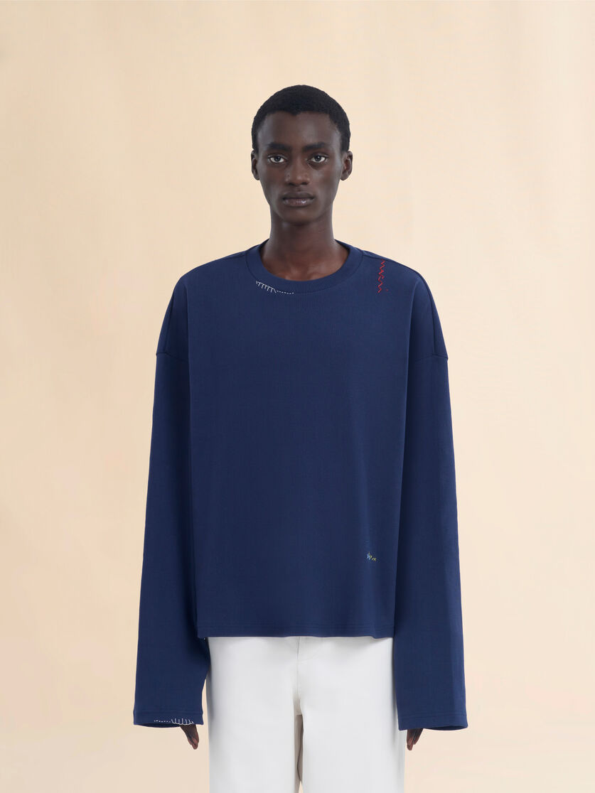 Dark blue ribbed cotton T-shirt with Marni Symbol - Shirts - Image 2