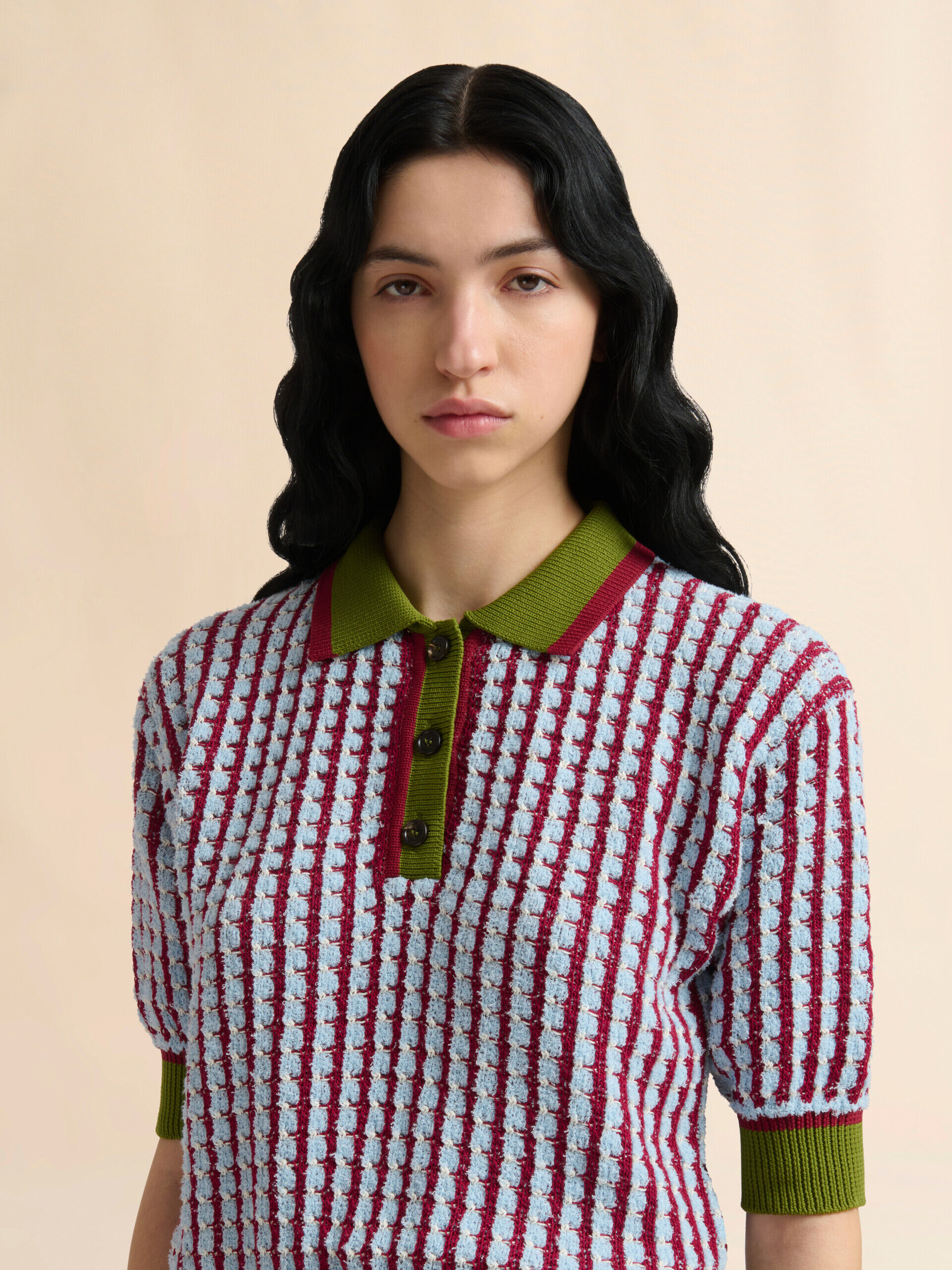 Blue and burgundy bouclé tweed-effect polo shirt | Marni