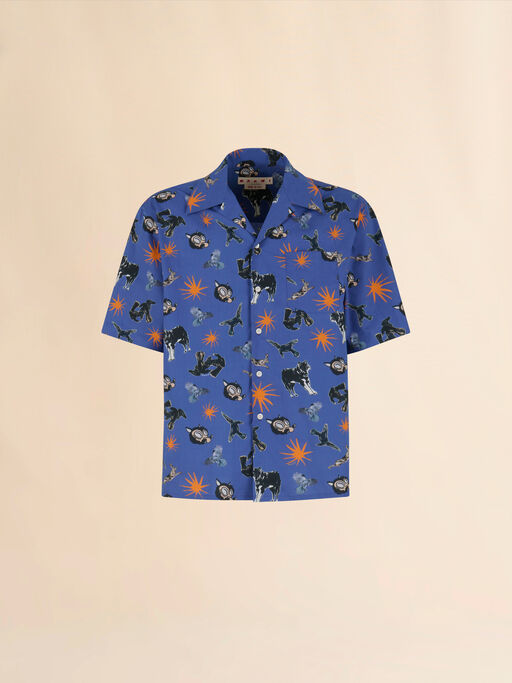 Camicia bowling in cotone blu con stampa lupi e corvi - Camicie