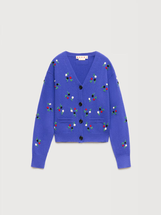 Blue wool-cashmere cardigan with flower embroidery - Pullovers