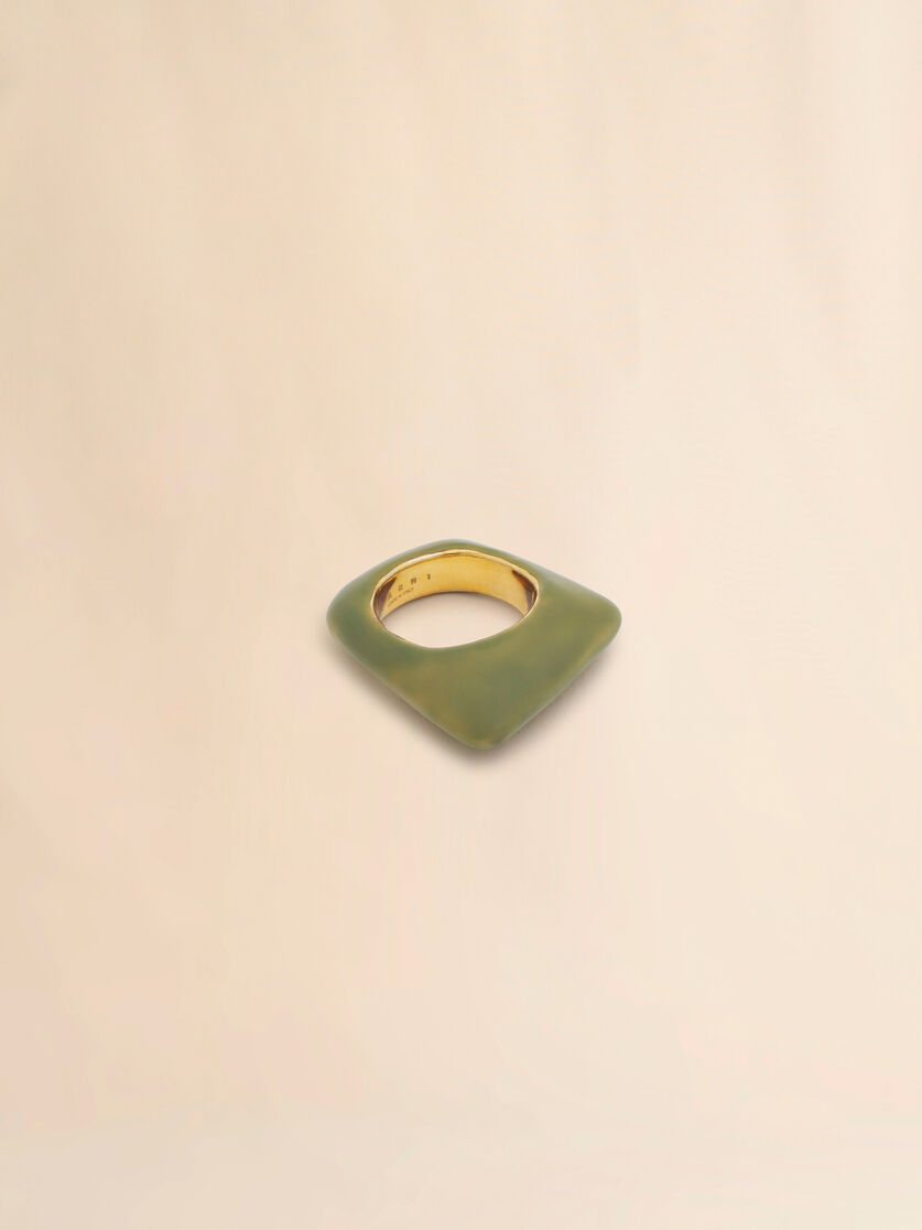 Metal Trapeze ring covered with green enamel, Image 1