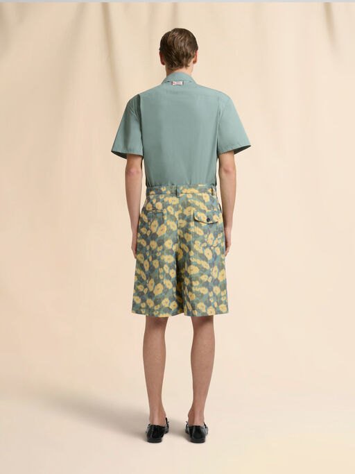 Green linen blend shorts with blurry floral print - Pants