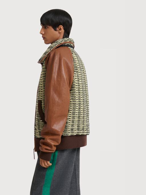 Yellow and light green cotton-wool knit jacket with leather sleeves - Jackets