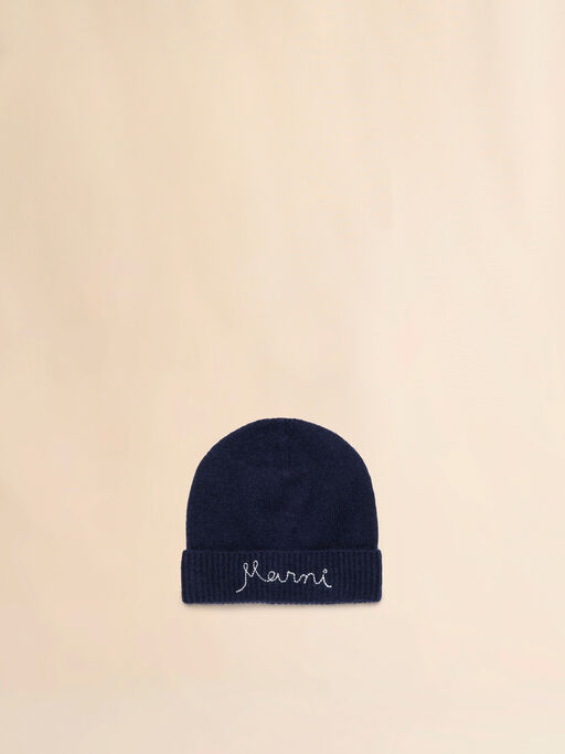 Deep blue wool-cashmere beanie with Marni logo - Caps