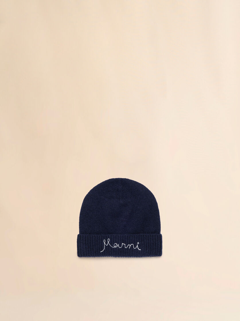 Deep blue wool-cashmere beanie with Marni logo - Caps - Image 1