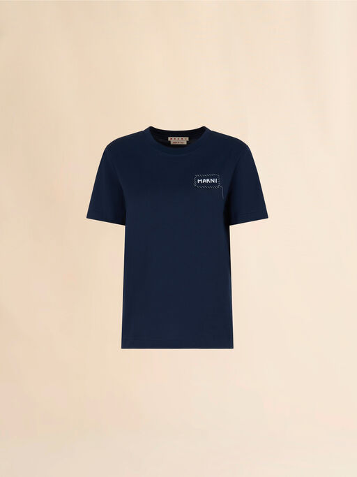 Deep blue organic cotton T-shirt with Marni patch - T-shirts