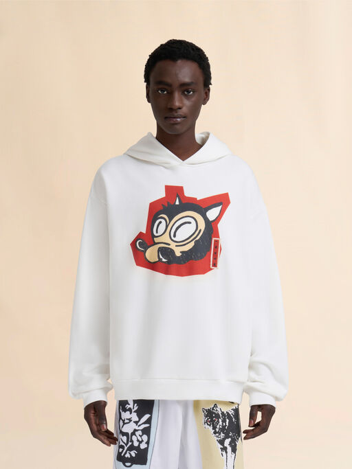 Felpa con cappuccio in cotone bianco con stampa lupo - Maglieria