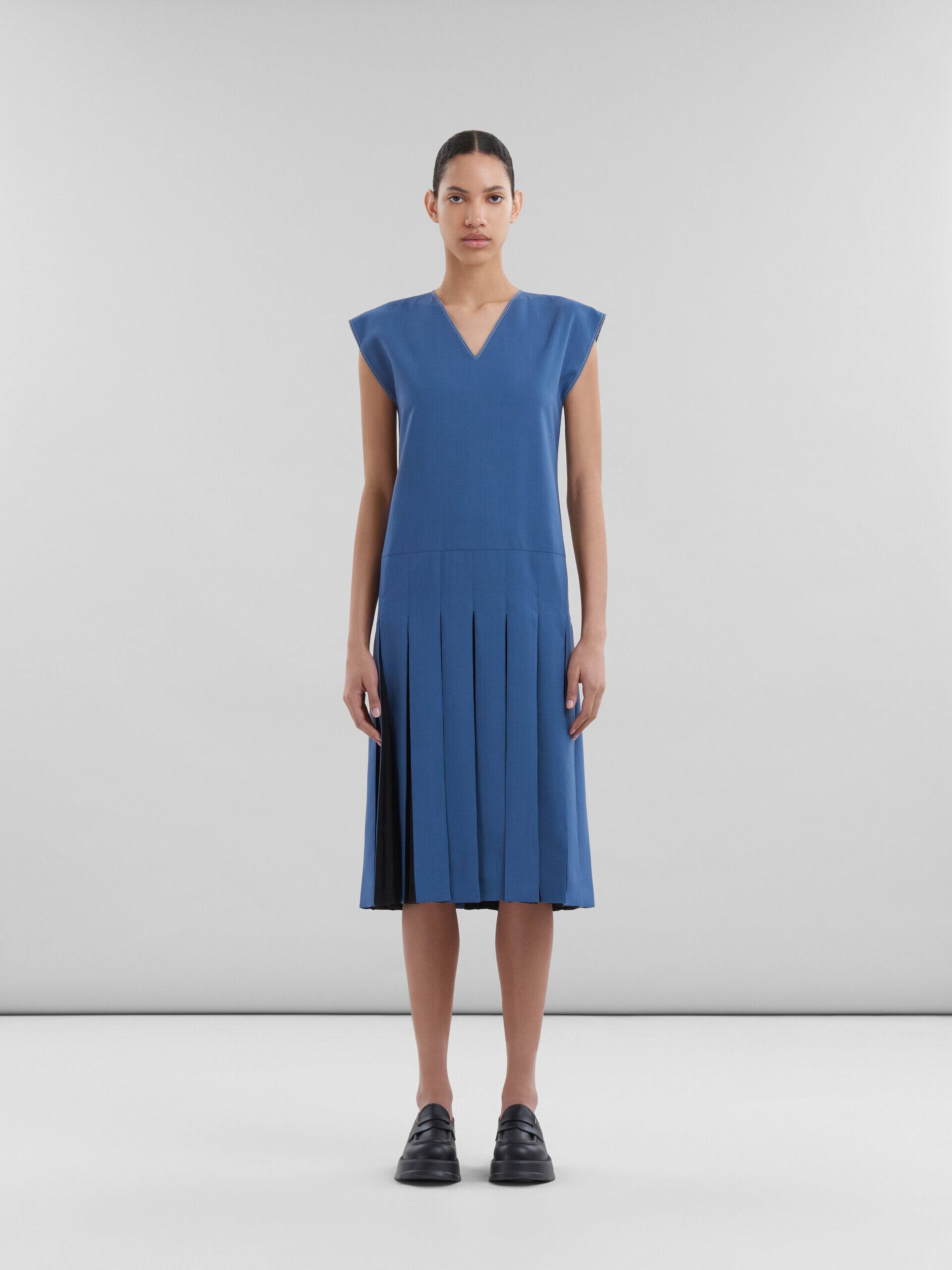 Blue tropical wool dress with contrast pleats | Marni