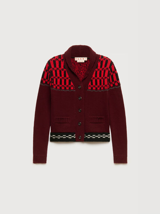 Red wool cardigan with geometric motif - Pullovers