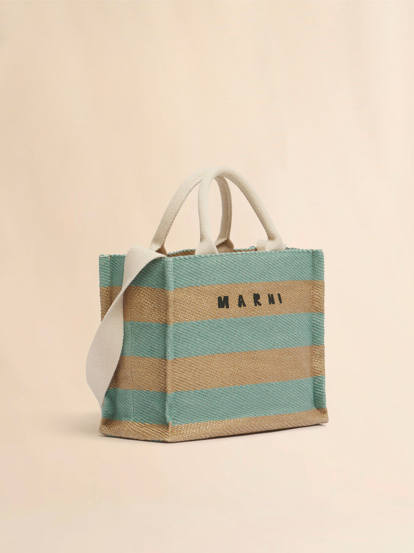 ブルー ナチュラル ストライプ柄ラフィアエフェクトスモール トートバッグ、刺繍ロゴ入り - ショッピングバッグ - Image 6