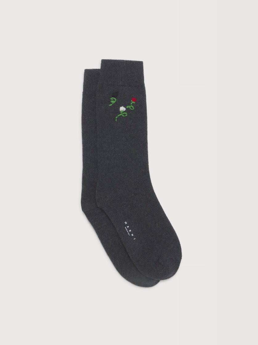 Grey wool-cashmere socks with flower embroidery, Image 1