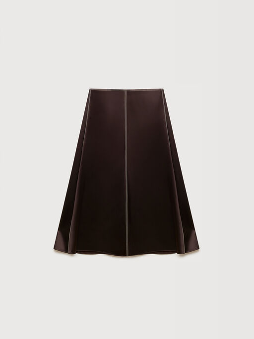 Deep brown satin midi skirt with contrast stitching - Skirts