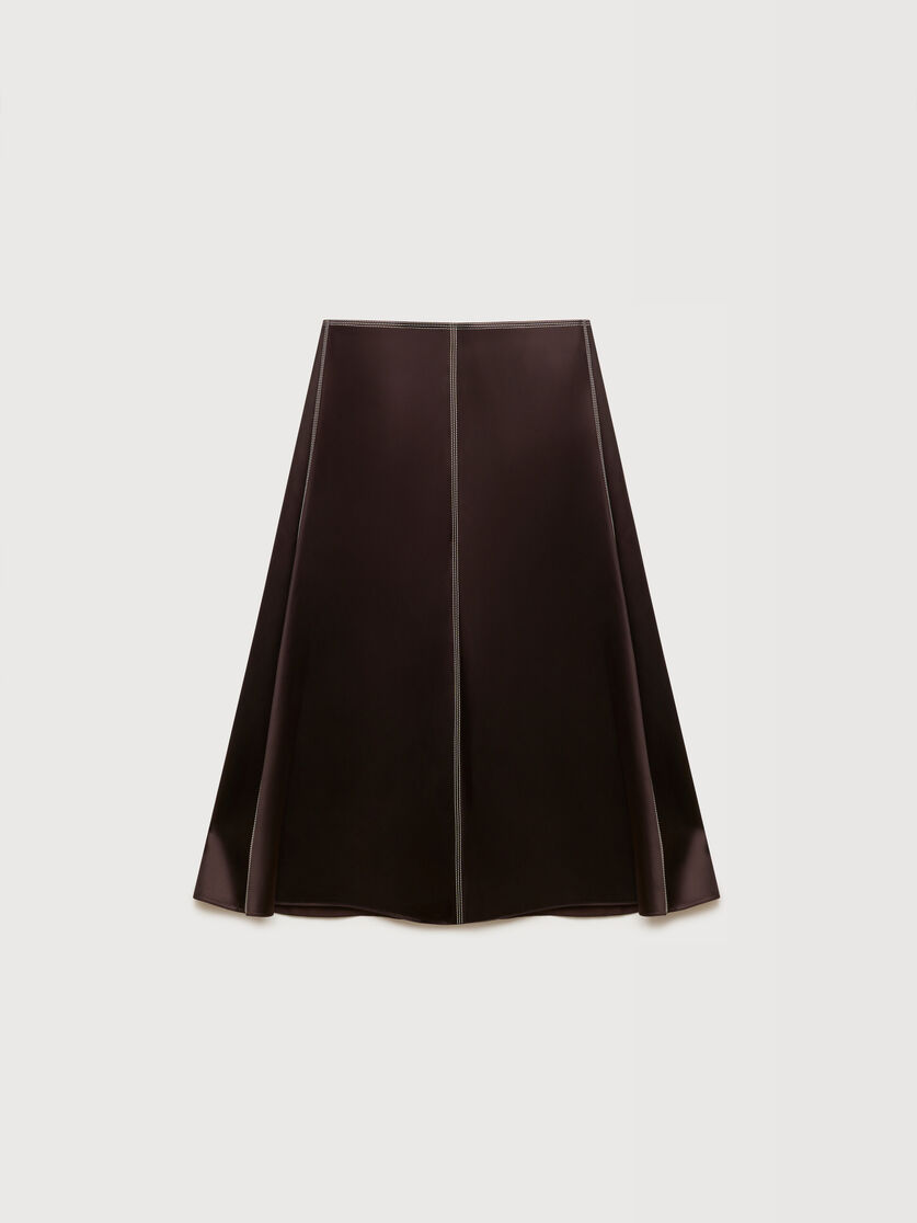 Deep brown satin midi skirt with contrast stitching, Image 1