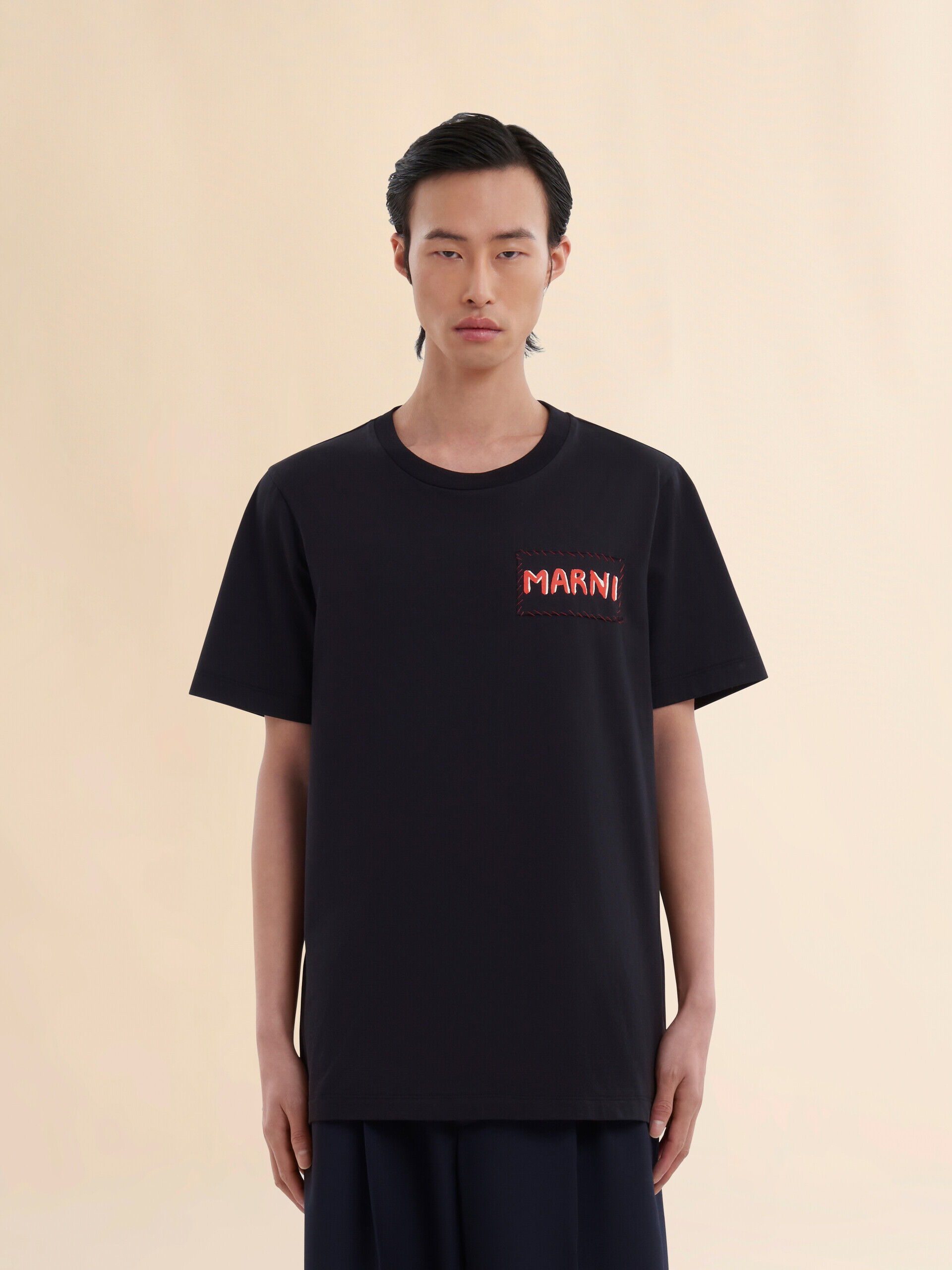 Black organic cotton T-shirt with Marni patch | Marni