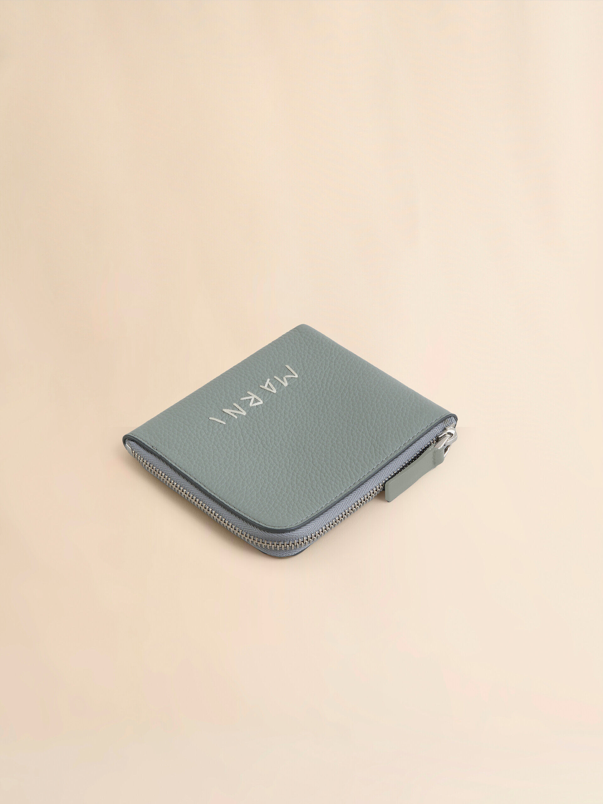関税送料込♪MARNI/ロゴ ラウンドファスナー ウォレット グレー レザー製ラウンドファスナーウォレット、マルニメン